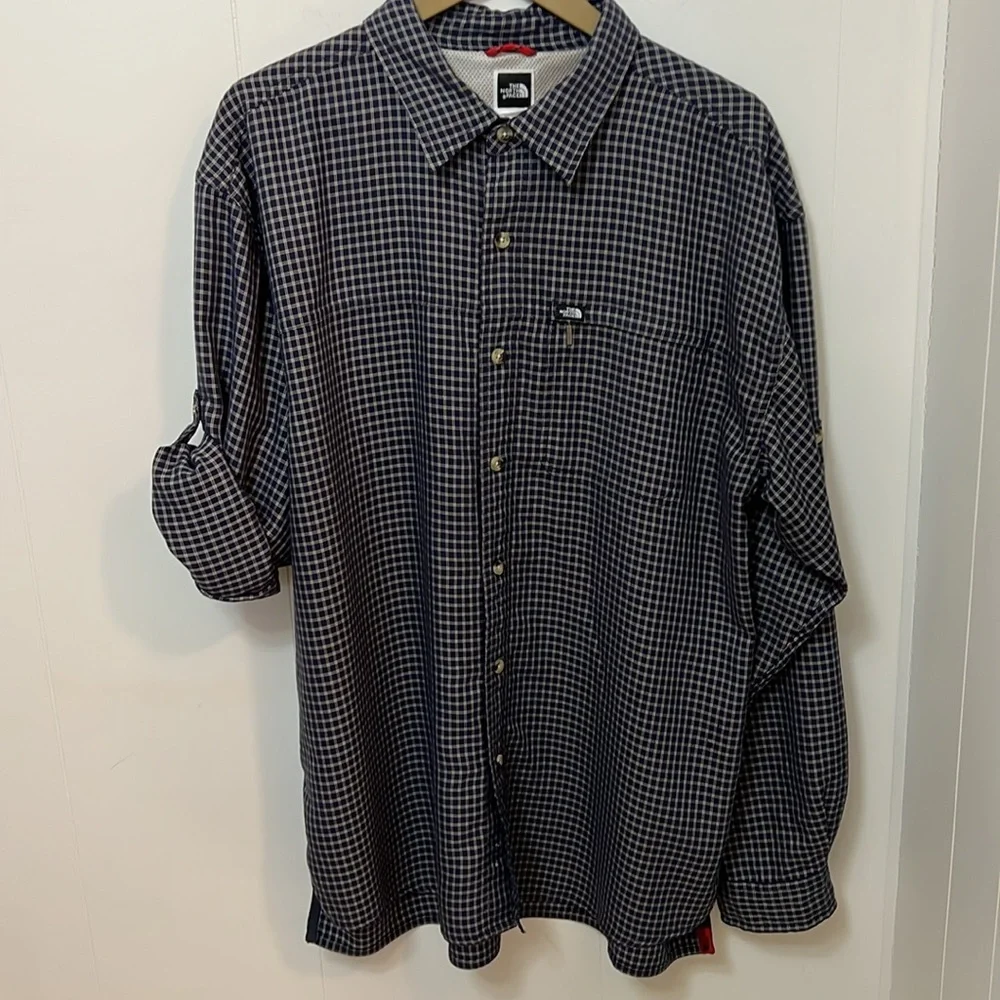 The North Face Traverse Navy Blue Tan Check Long Sleeve Button Down Shirt LARGE